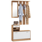 TWENTY | Coat Stand 3 in 1 with Shoe Rack and Mirror, Hooks and Drawers, in Wood, 90x24x177 cm, White and Walnut