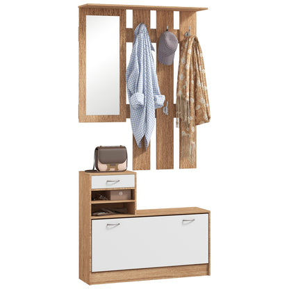 TWENTY | Coat Stand 3 in 1 with Shoe Rack and Mirror, Hooks and Drawers, in Wood, 90x24x177 cm, White and Walnut