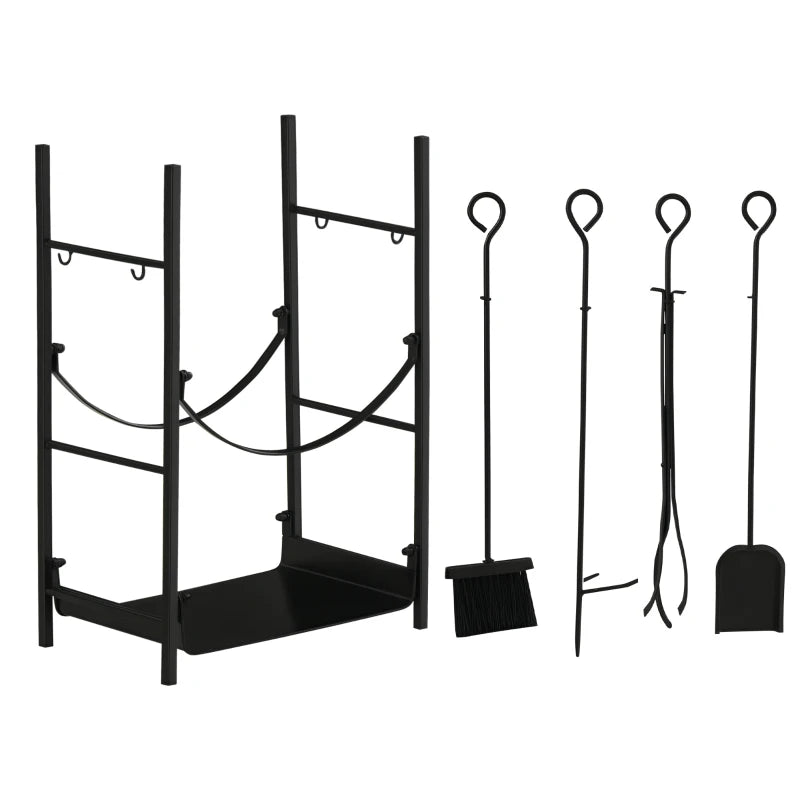 2-Tier Indoor/Outdoor Metal Log Rack, Indoor Log Holder with Removable Holders, Shovel, Broom, Poker, and Tongs, 44.5 x 29.5 x 73 cm, Black