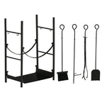 2-Tier Indoor/Outdoor Metal Log Rack, Indoor Log Holder with Removable Holders, Shovel, Broom, Poker, and Tongs, 44.5 x 29.5 x 73 cm, Black