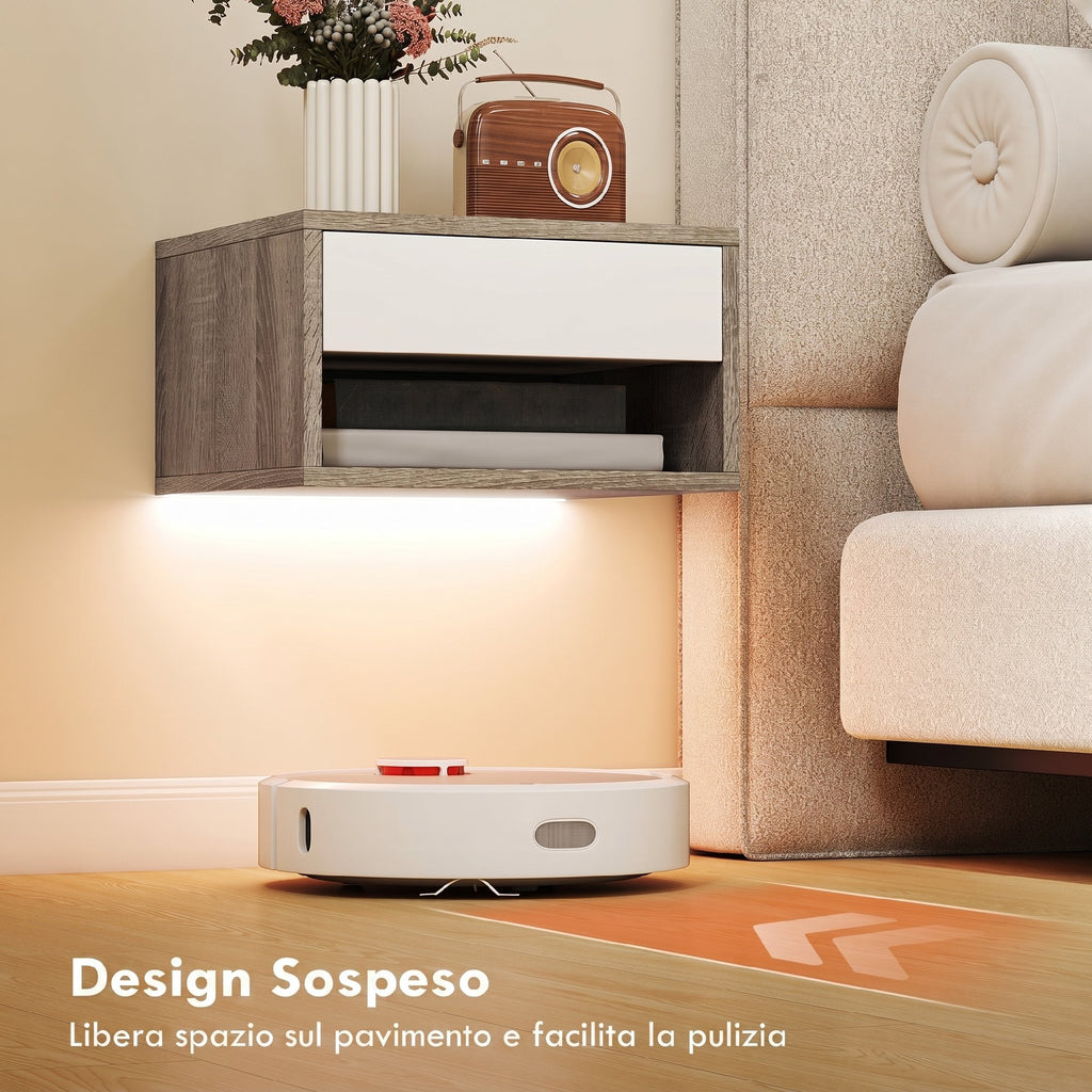 HOMCOM Set of 2 Wall-Mounted Bedside Tables with Built-in RGB LED Lights, Adjustable via APP, Drawer and Shelf, 37x32x21 cm, White Wood Color
