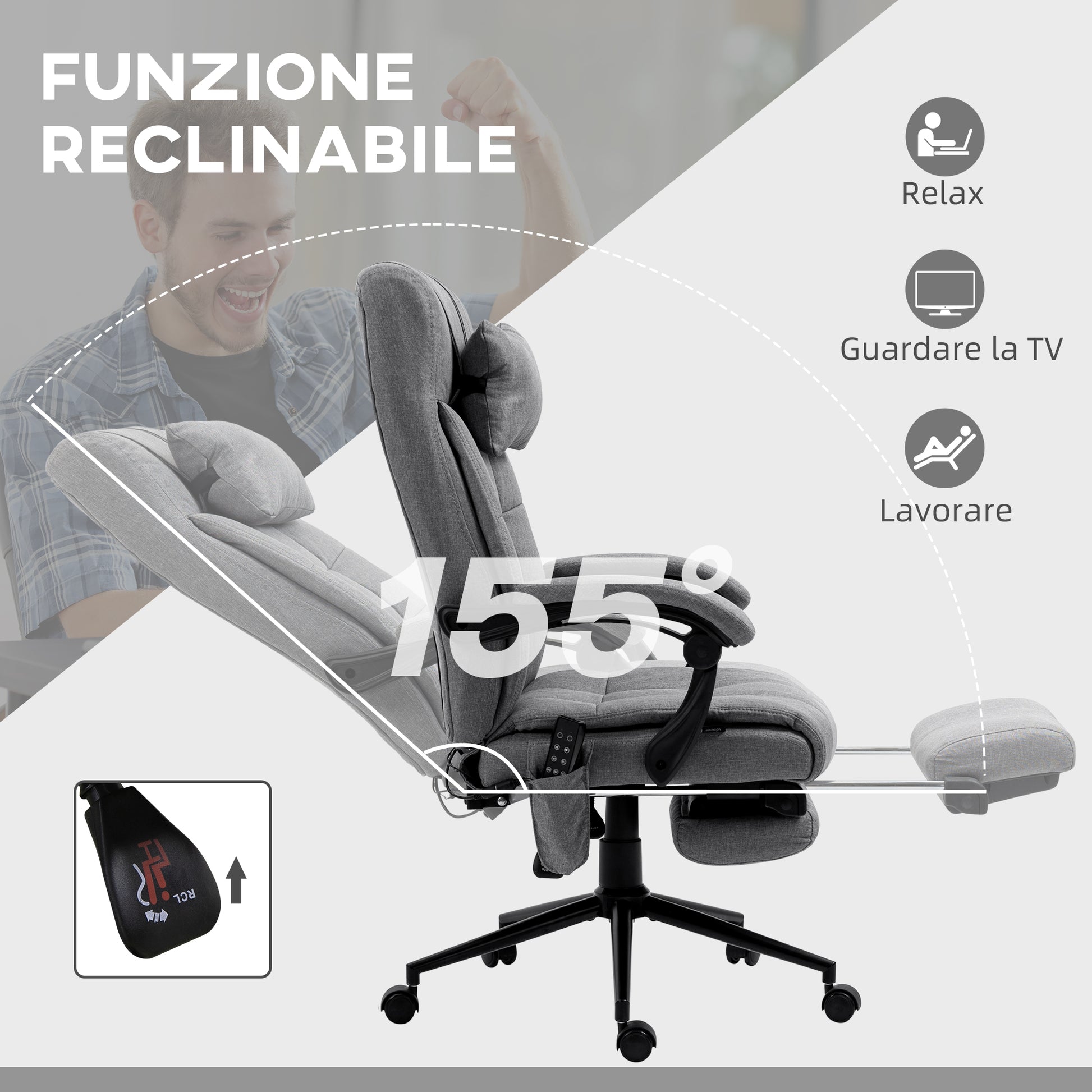 Reclining and Heating Office Chair with 6 Massage Points and 5 Modes, Gray - Borgè