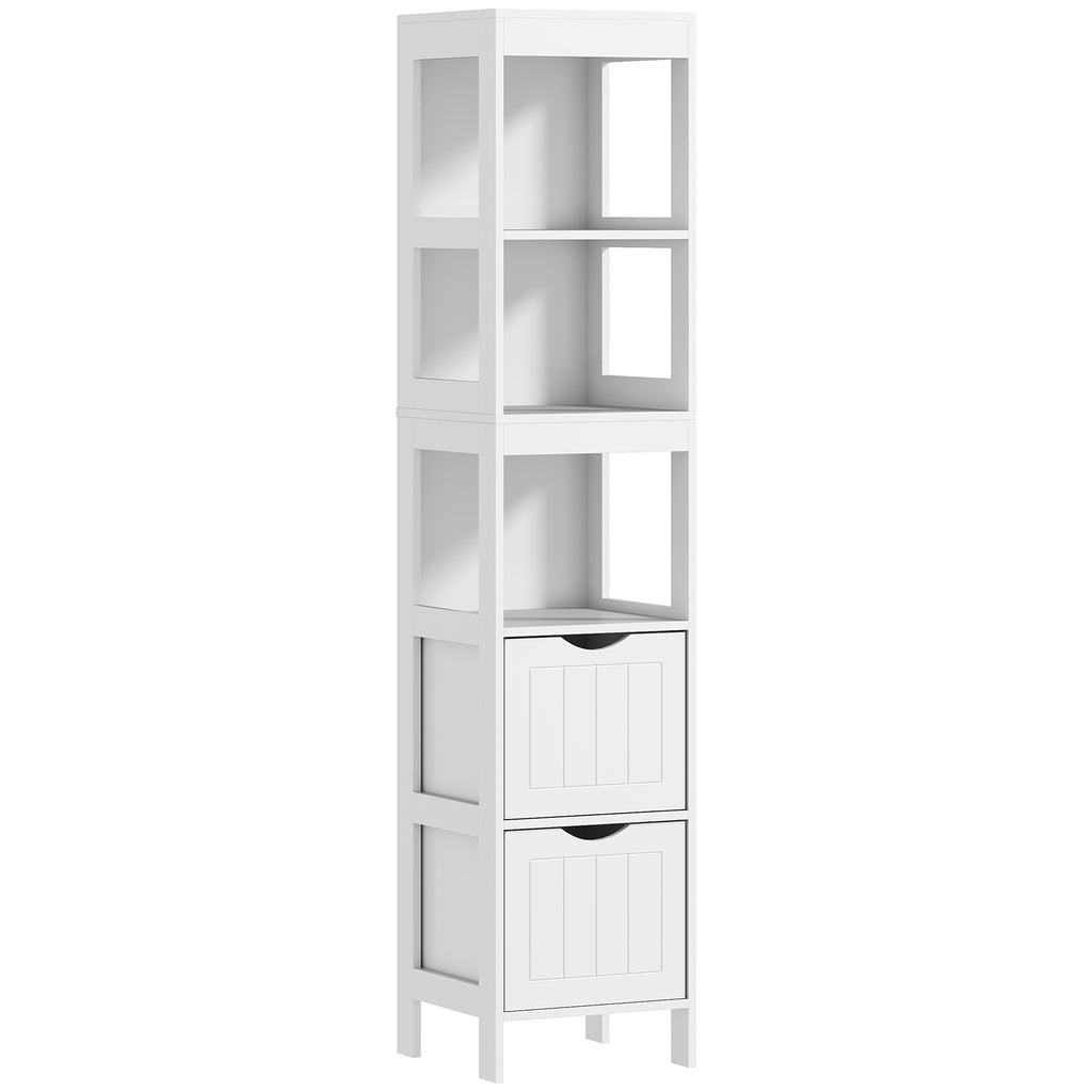 Bathroom Cabinet with 3 Open Shelves and 2 Wooden Drawers, 30x30x141.2 cm, White