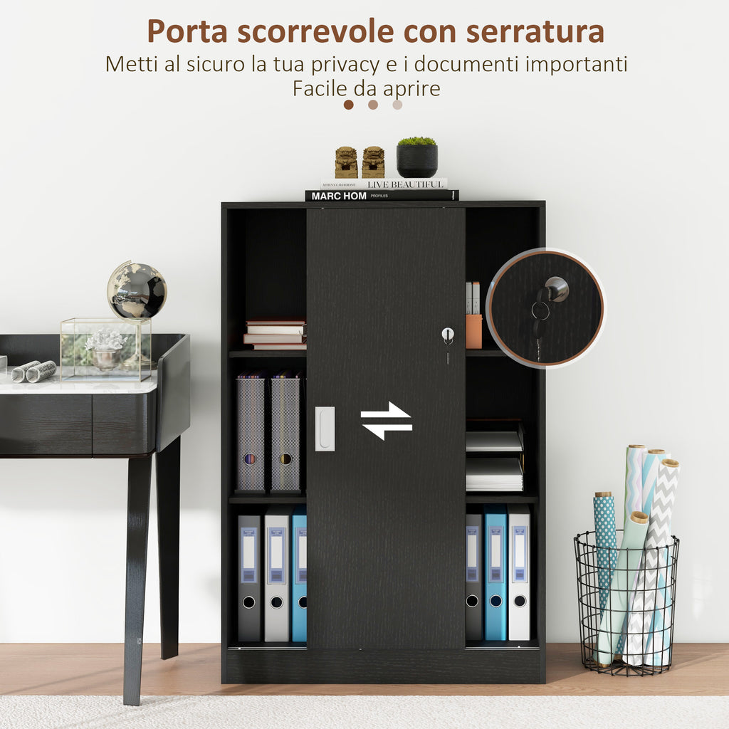 3-Shelf Office Cabinet with 2 Security Keys and Sliding Doors, 80x40x120 cm, Black