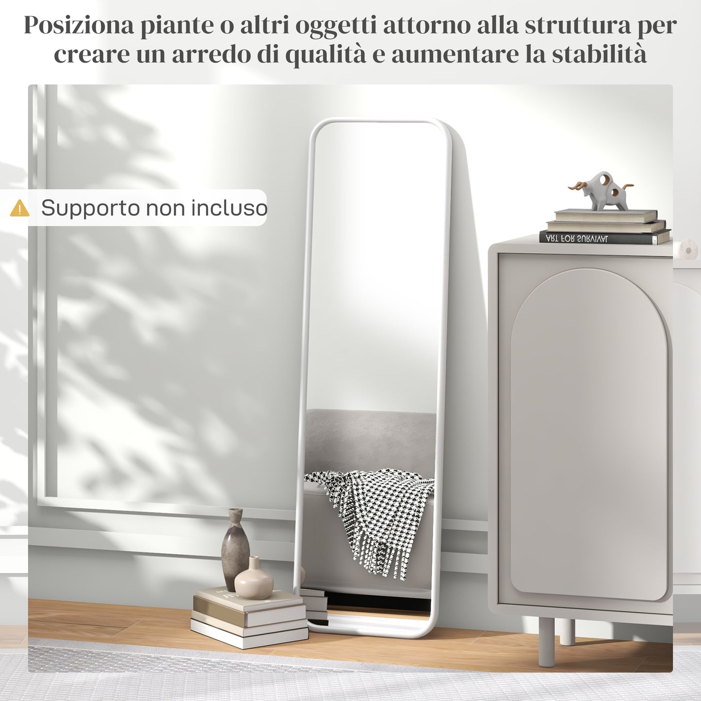 Vertical Wall or Floor Mirror with Rounded Edges, in MDF and Glass, 120x35 cm, White