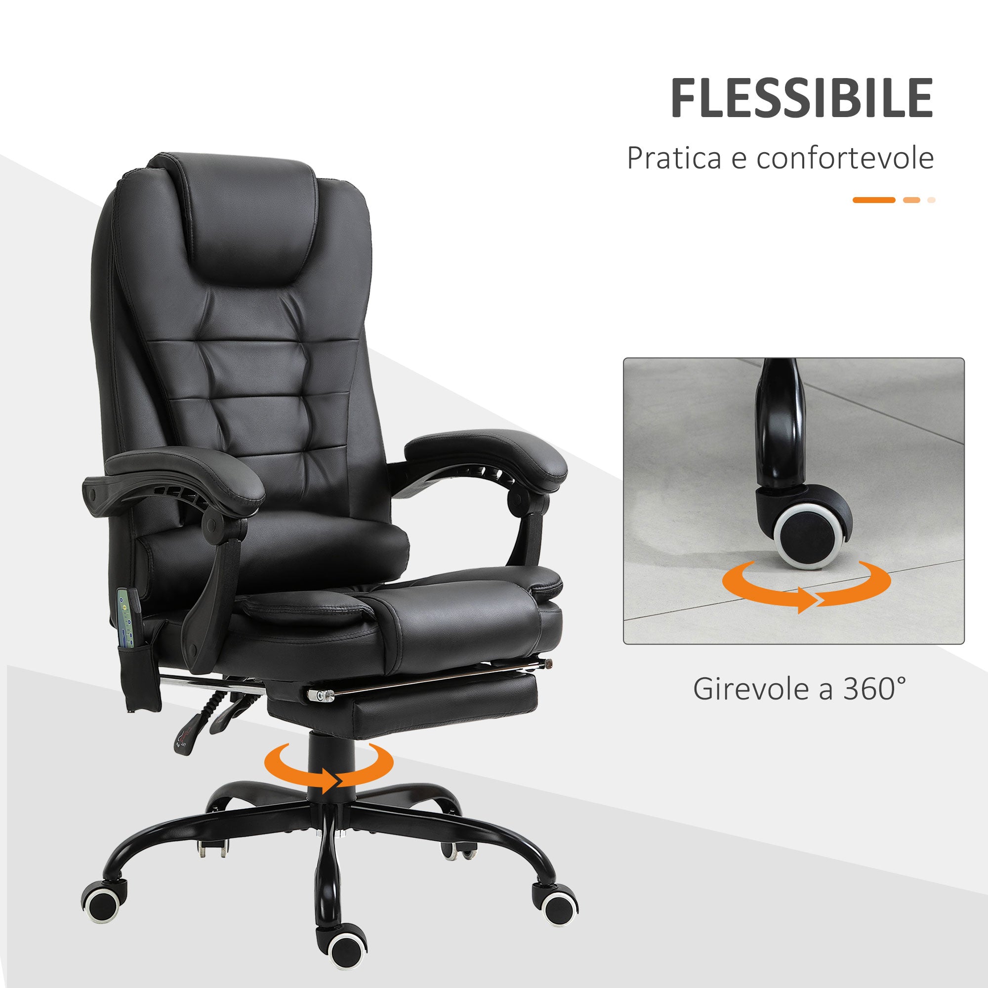 Office Chair with 7 Vibrating Points, Footrest and 155° Reclining Backrest, Black - Borgè