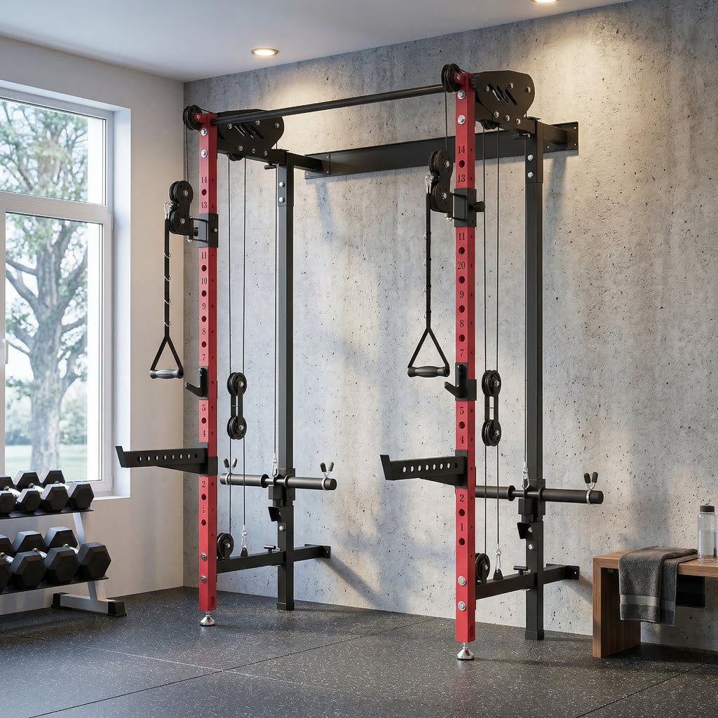 SPORTNOW Folding Power Cage, Rack with Pull-Up Bar and Cable Pulley System, Red
