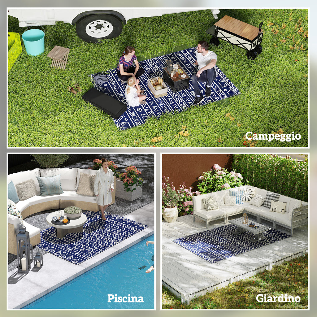 Reversible Geometric Style Outdoor Rug with Carry Bag, 182x274 cm, Blue and White