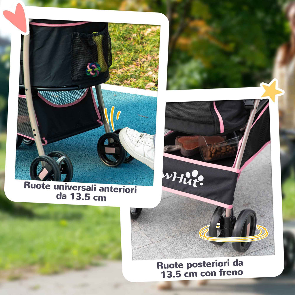 PawHut 2-in-1 Foldable Dog Stroller, Convertible to a Carrier with 2 Leashes and Cushion, Pink