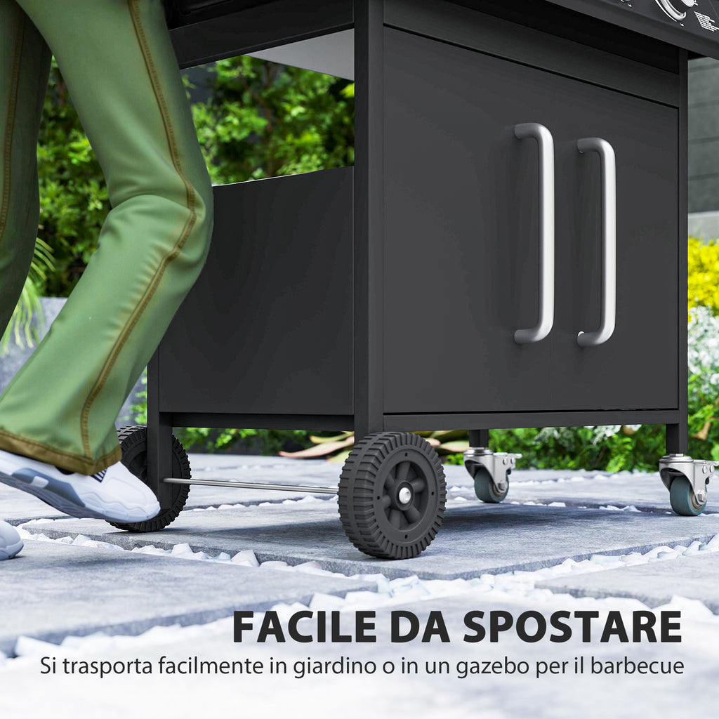 Gas Barbecue with Side Burner, Table and Cabinet, in Steel and PP, 129.5x56x110 cm, Black