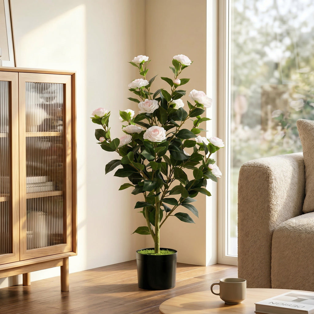 HOMCOM Artificial Camellia Plant with Realistic Flowers, 176 PEVA Leaves and Black Cement-Filled PP Pot, White