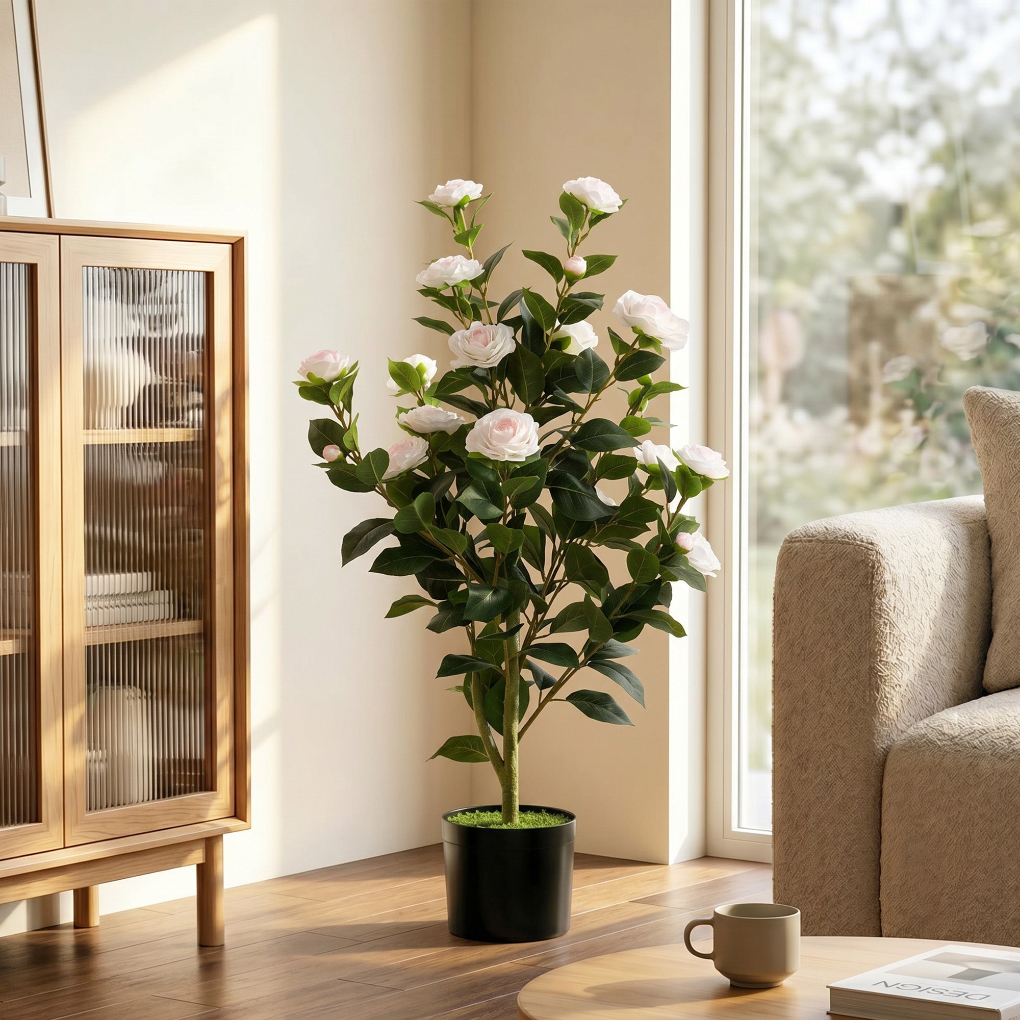 HOMCOM Artificial Camellia Plant with Realistic Flowers, 176 PEVA Leaves and Black Cement-Filled PP Pot, White