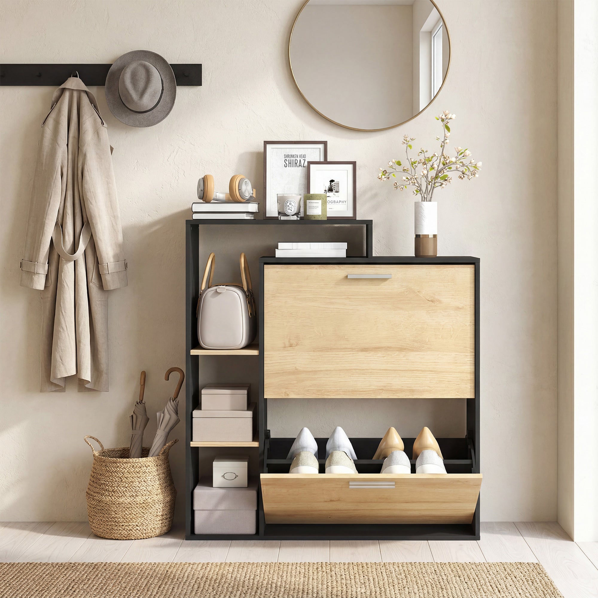 HOMCOM Shoe Cabinet: 2 Flap Drawers, Shelves, Black and Natural Wood.