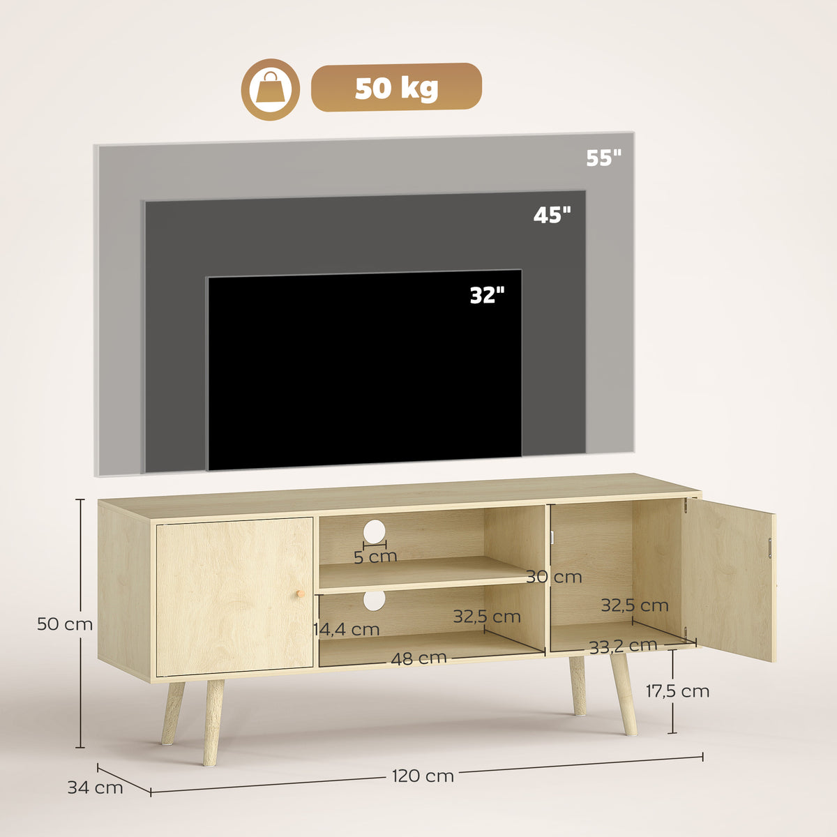 HOMCOM 55" Max TV Stand with 2 Cabinets and 2 Open Shelves, in Wood and Chipboard, 120x34x50 cm, Wood Color