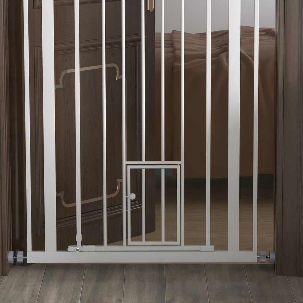 Tall Adjustable Dog Gate with Small Door and Automatic Closing, 74-80x104cm, White