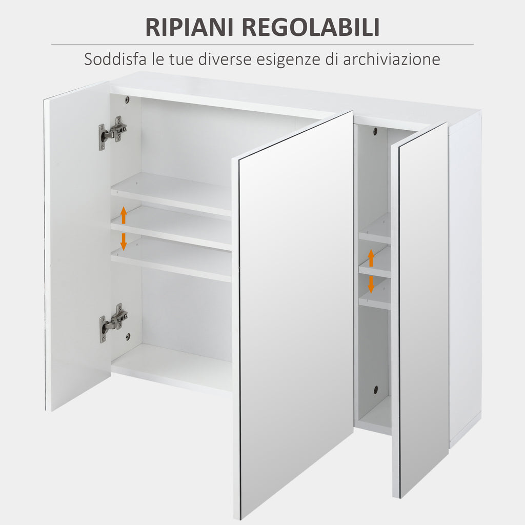 Bathroom Cabinet with 3 Mirrored Doors and Adjustable Shelves, 70x15x60cm, White - Borgè