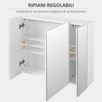 Bathroom Cabinet with 3 Mirrored Doors and Adjustable Shelves, 70x15x60cm, White - Borgè