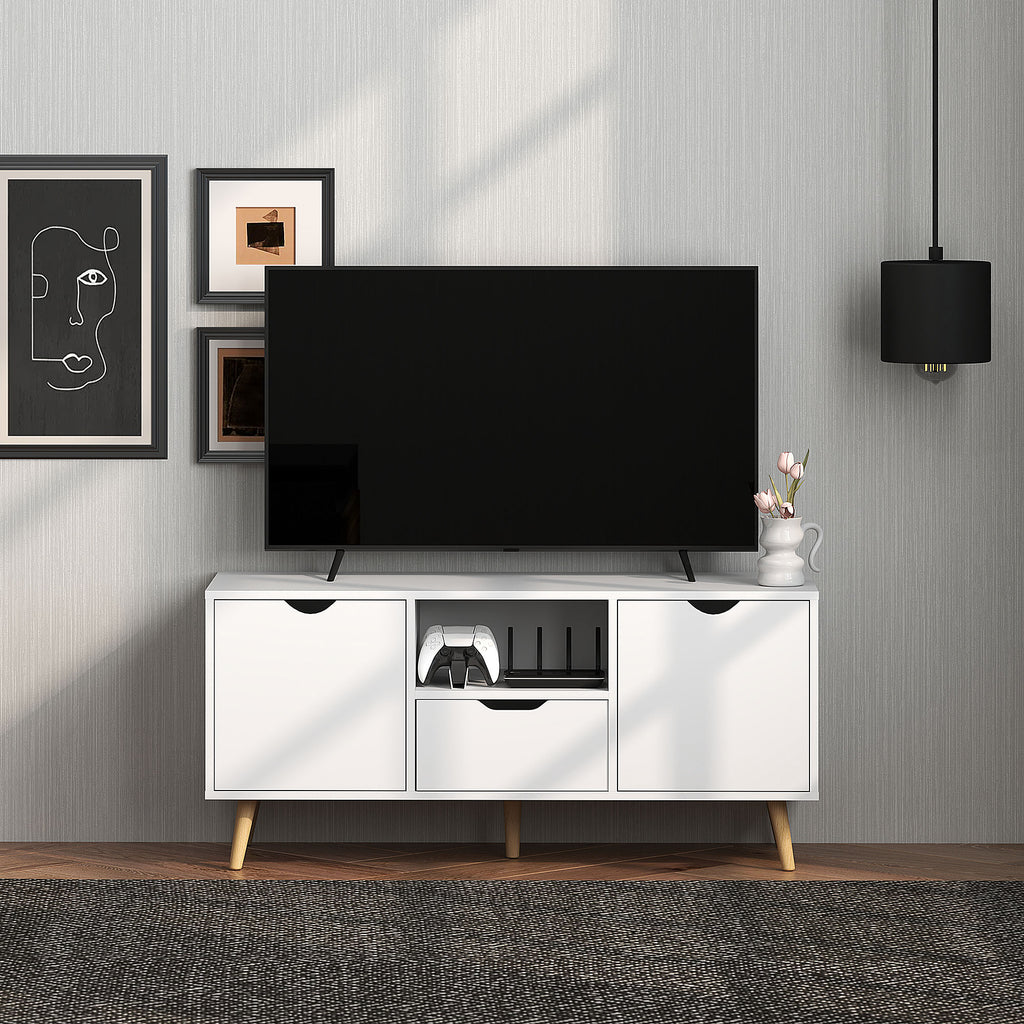TV Cabinet max 50" with Drawer, Open Shelf and Cabinets, 110x40x50 cm, White and Wood