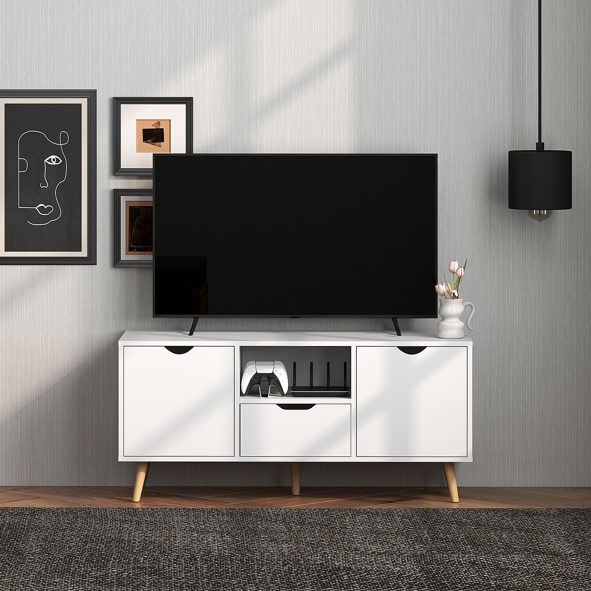 TV Cabinet max 50" with Drawer, Open Shelf and Cabinets, 110x40x50 cm, White and Wood