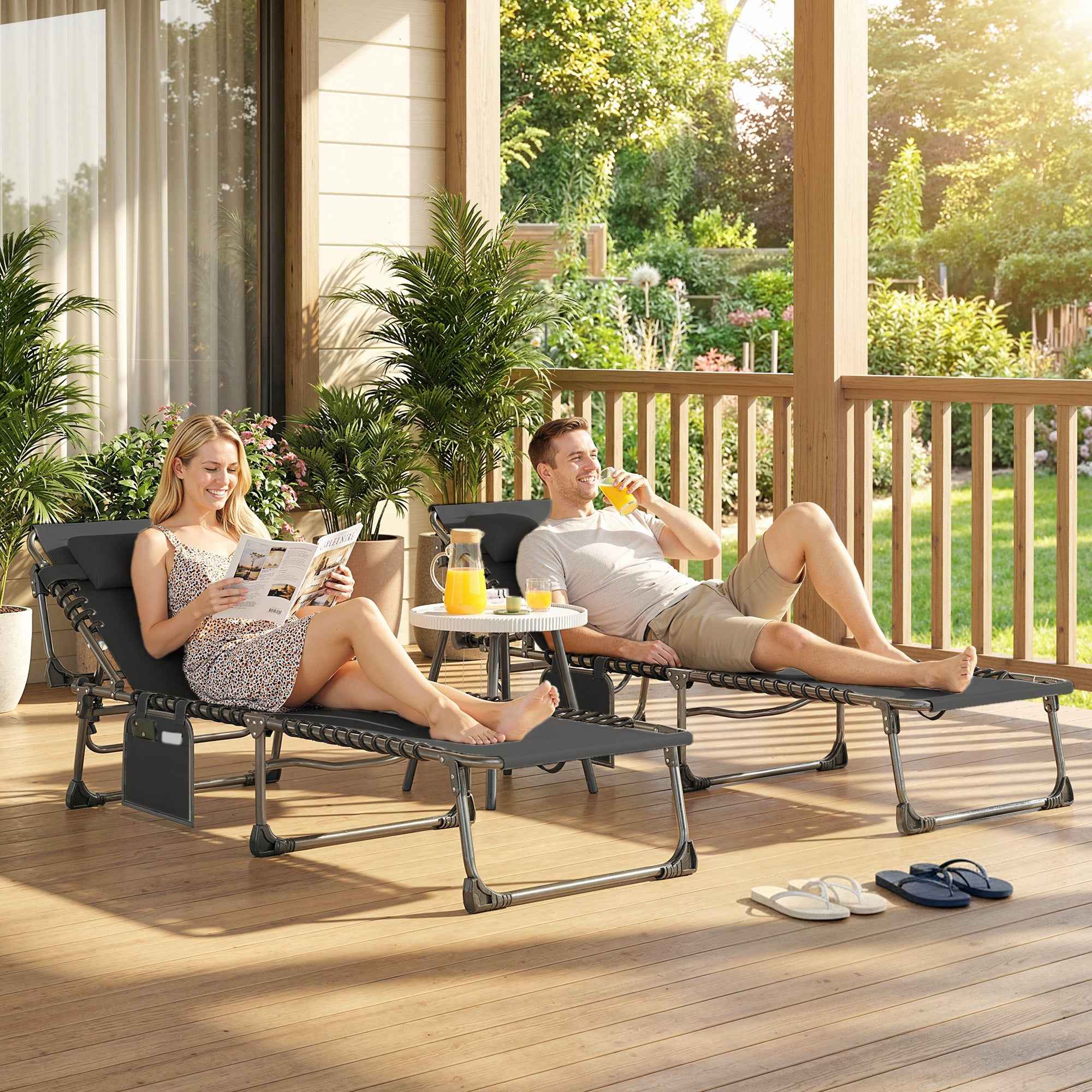 Outsunny Set of 2 Folding and Reclining Garden Sun Loungers on 5 Levels with Cushions, 57x200x38 cm, Black