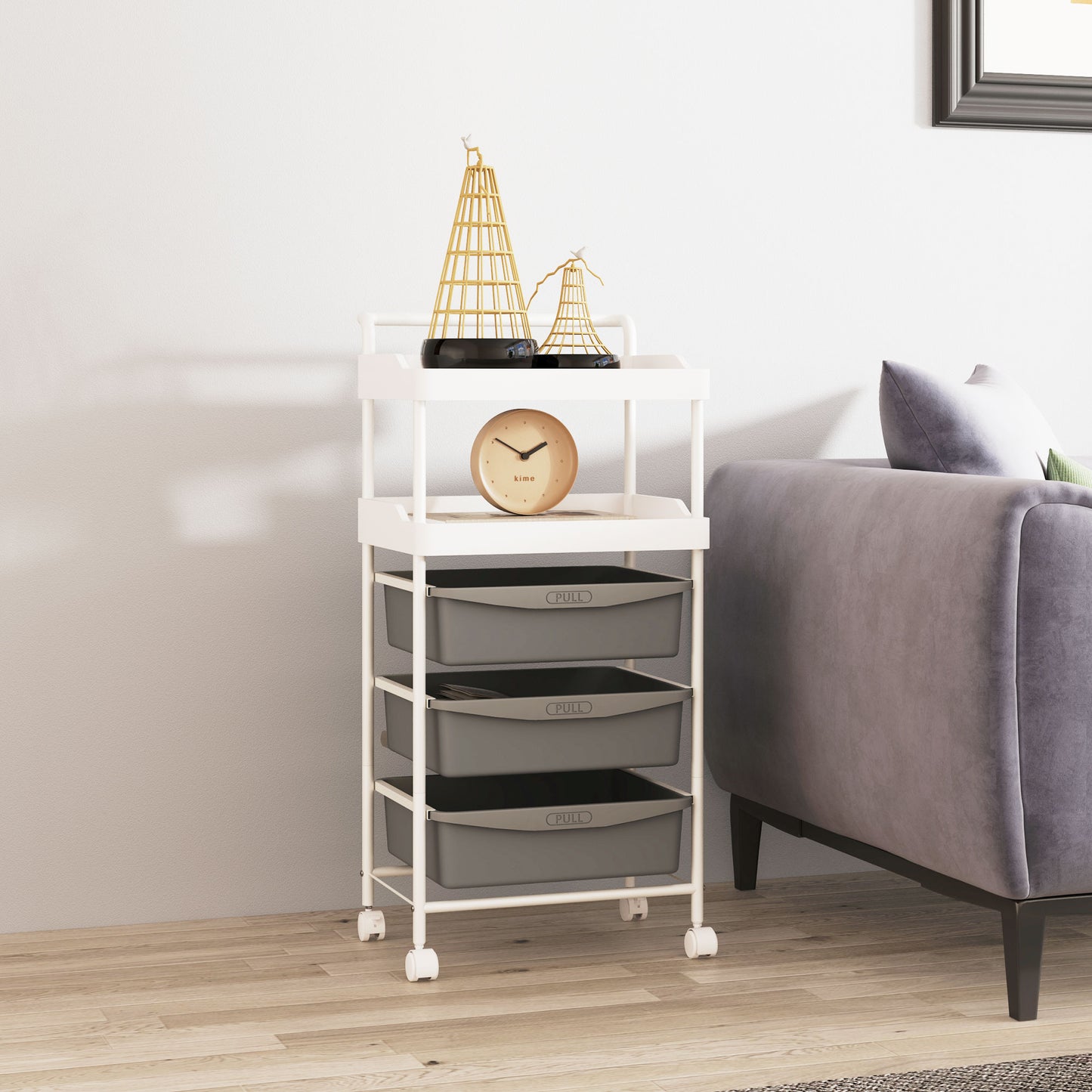 Storage Trolley with 2 Fixed Trays and 3 Sliding Trays, Steel and PP, 40x34x85 cm, White and Grey