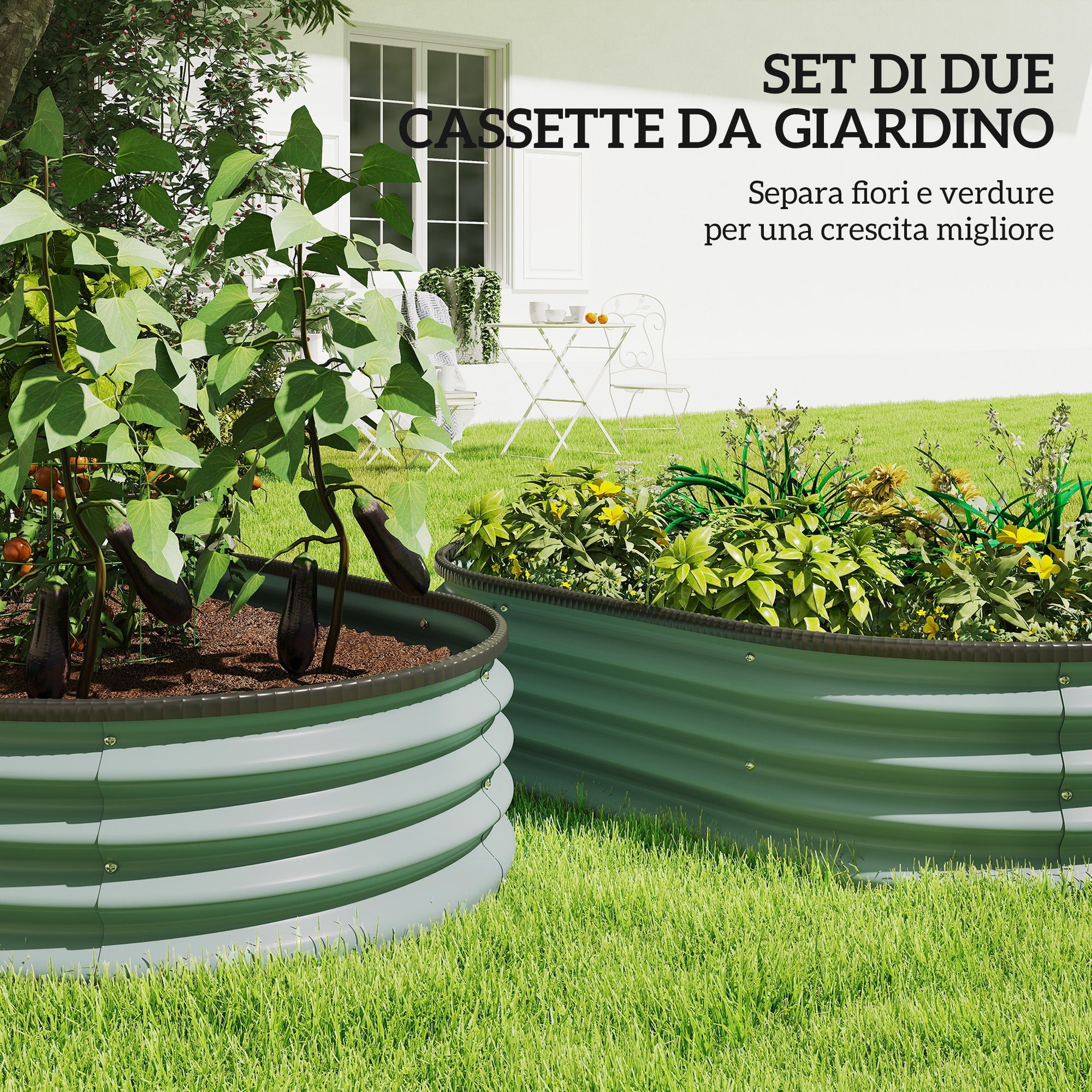 Outsunny Set of 2 Raised Garden Beds in Galvanized Metal with Rubber Edge and Modular Design, 135x90x30 cm Green