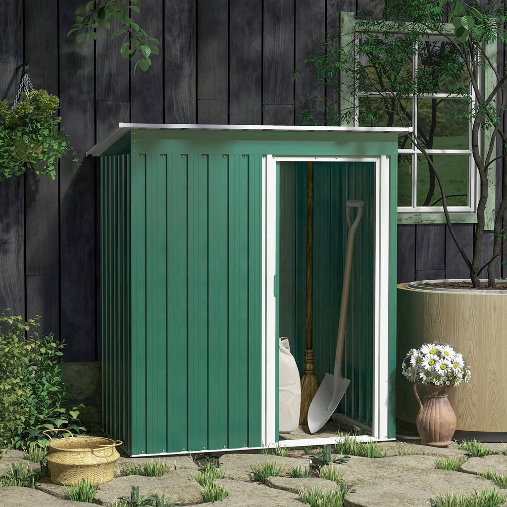 Tool Shed with Sloping Roof and Sliding Door, in Galvanized Steel, 163x89x182 cm, Green