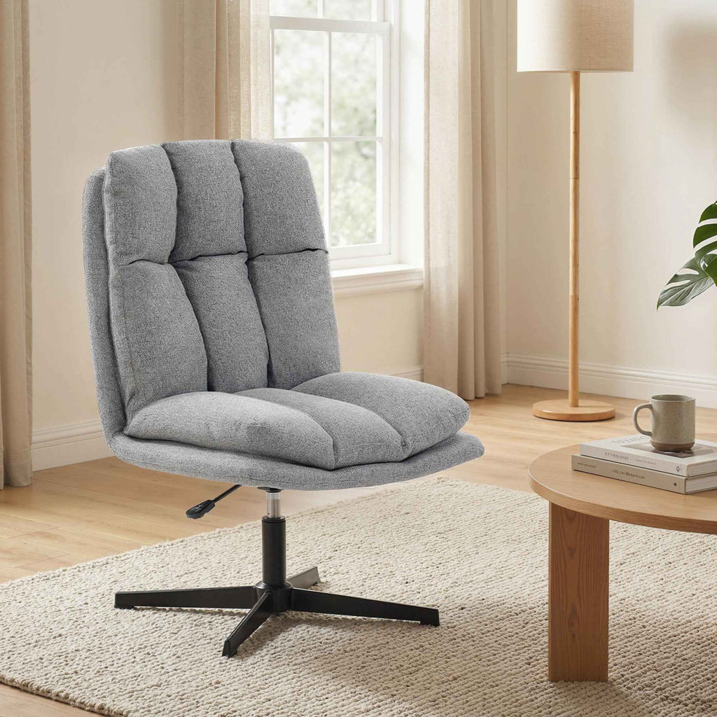 Swivel Living Room Chair in Linen-Effect Fabric and Metal, 63x75x92-102 cm, Light Grey