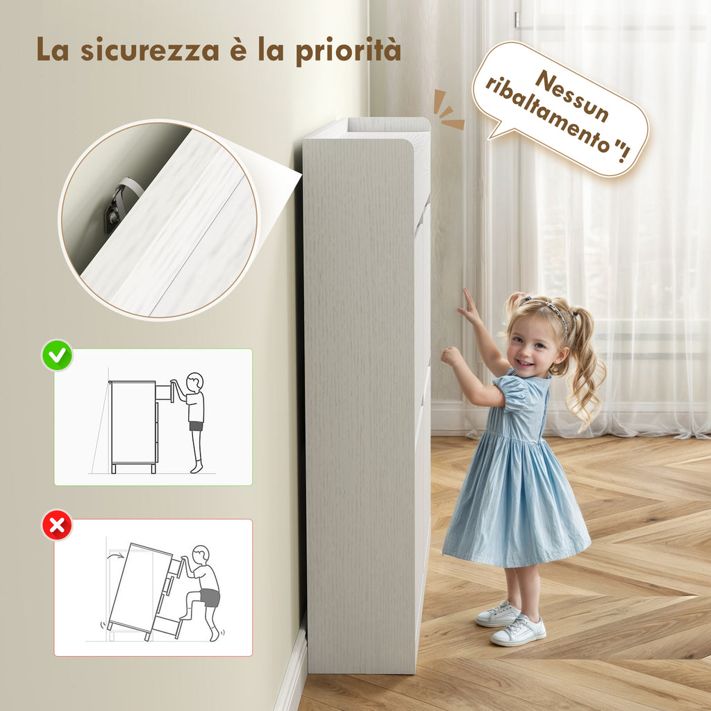 Slim Wooden Shoe Rack with 4 Flap Drawers and 2 Sliding Drawers, 98x19.2x95.3 cm, White