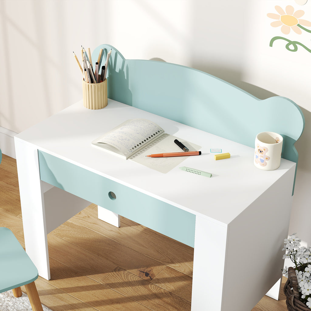 Children's Desk Set with Drawer and Chair with Bear Backrest, Ages 3-8 Years, Green