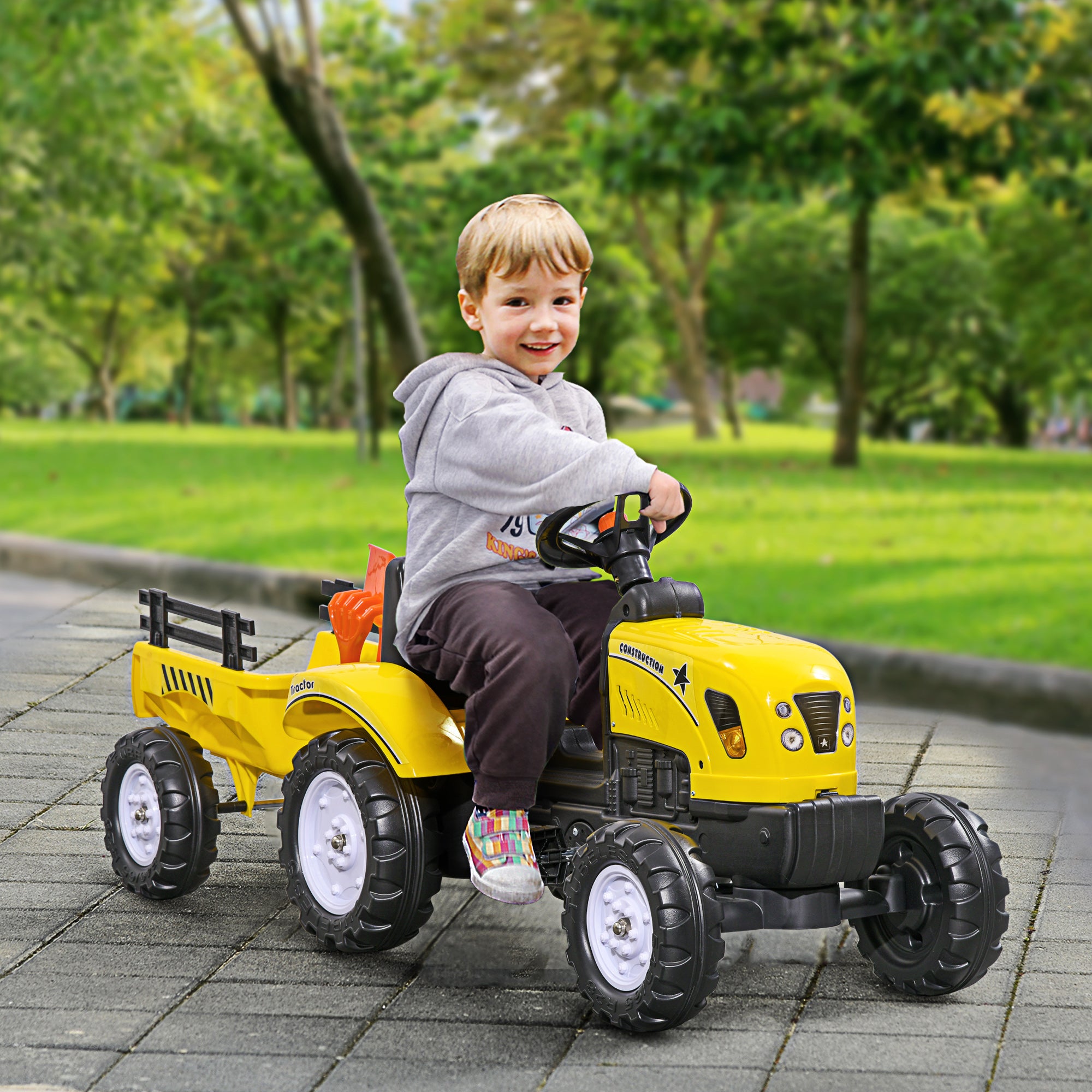 Pedal Tractor for Children from 3+ Years with Trailer, Rake, Shovel and Horn, Yellow