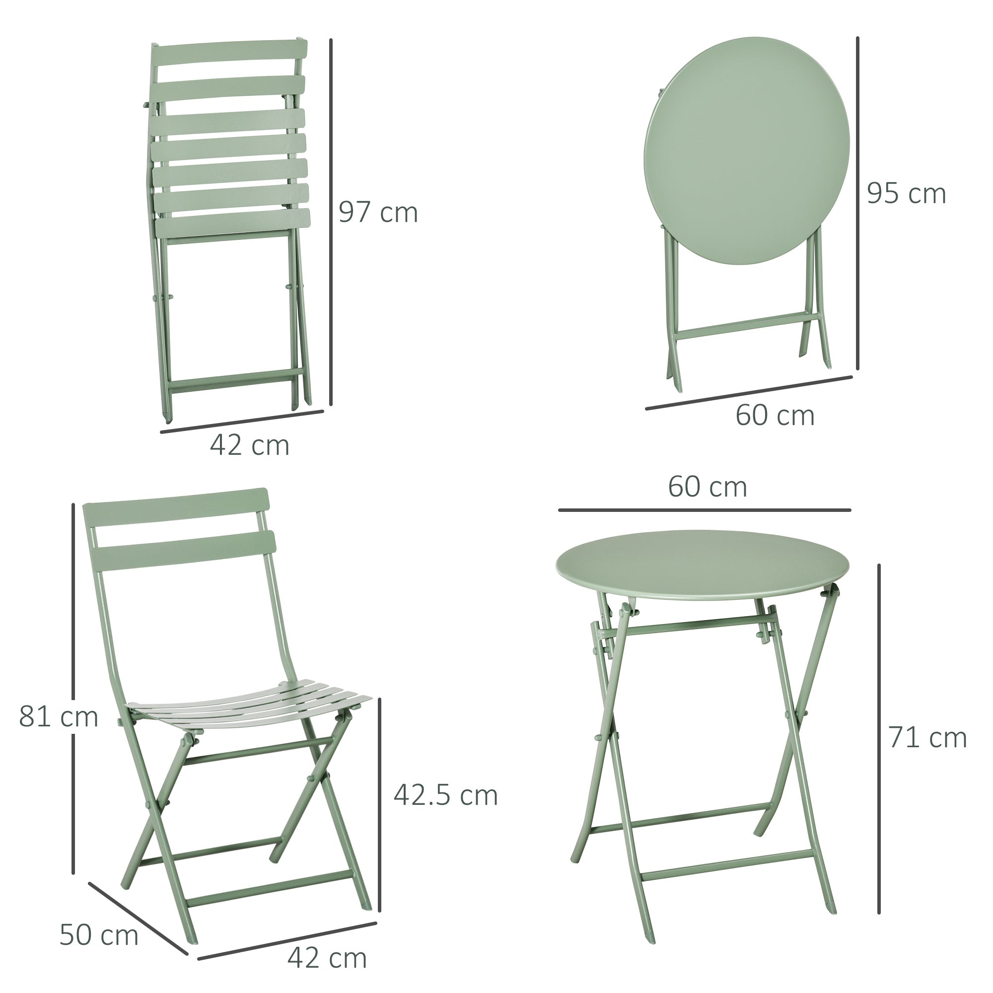 Outsunny garden set 3 folding steel, 2 chairs 42x50x81 cm and table Ø60x71 cm, green - Borgè