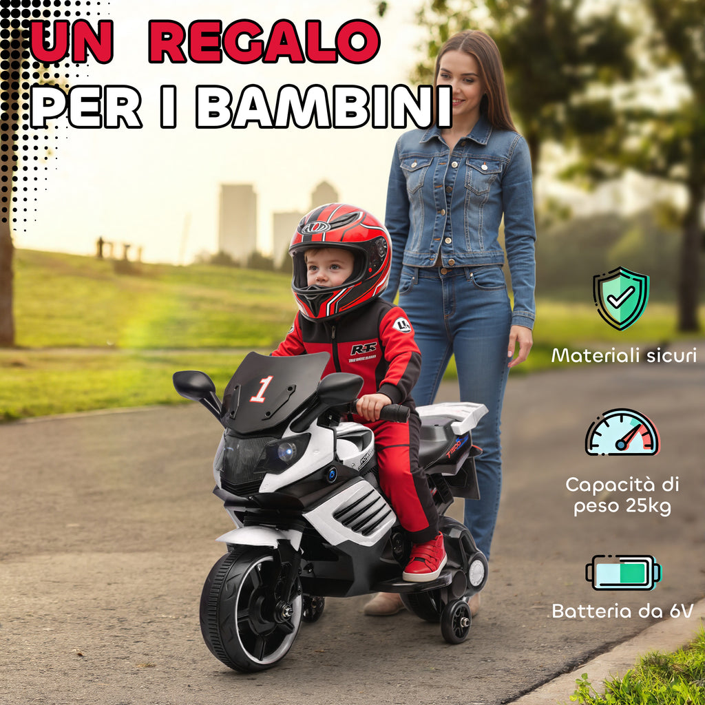 6V Electric Motorcycle for Kids with Removable Training Wheels, Headlights and Music, Ages 18-36 Months, White