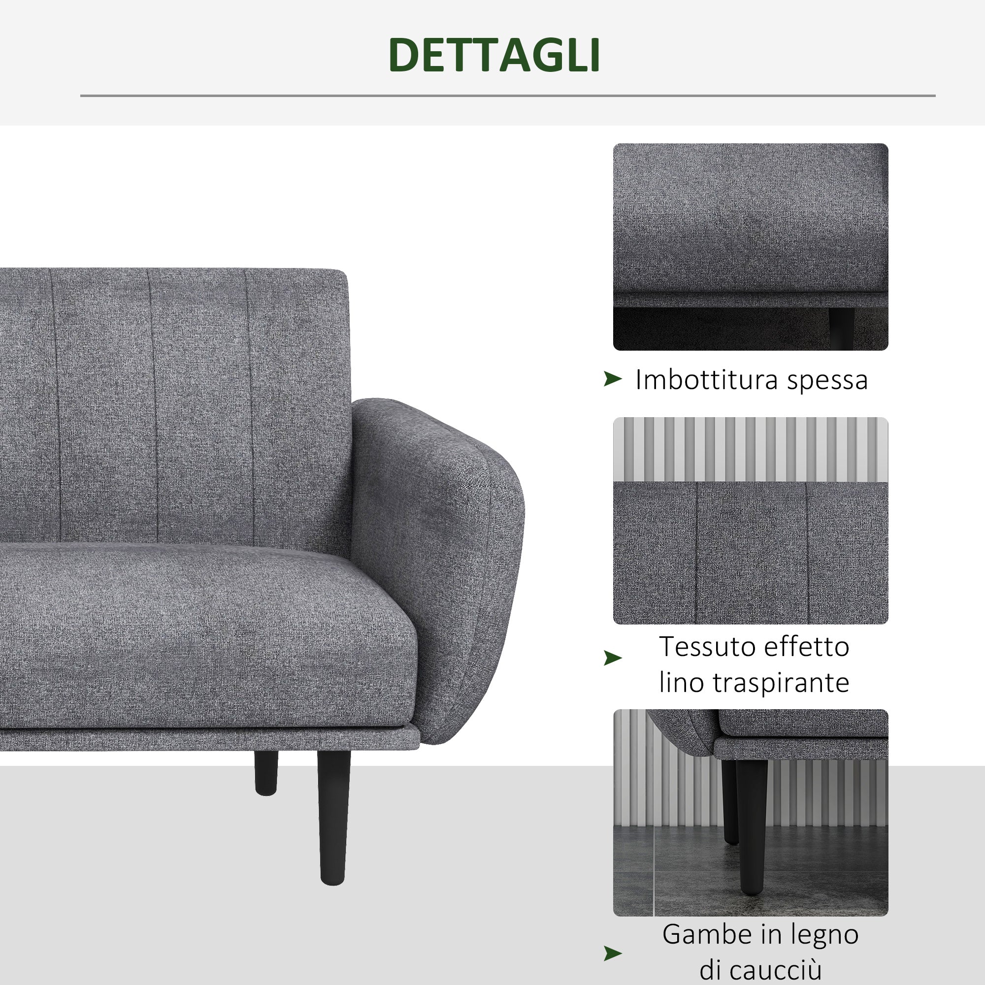 Homcom Sofa bed 3 seats with reclining backrest at 3 levels in fabric, 208x84x82cm, gray - Borgè