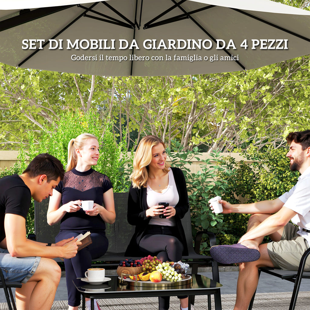 Garden Set with 2 Seater Sofa, 2 Stackable Armchairs and Glass Coffee Table, Black