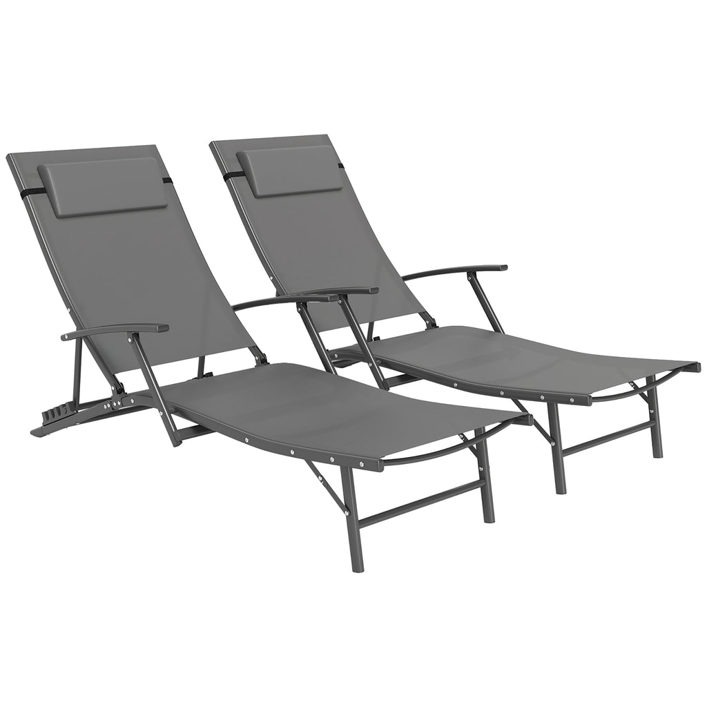 Set of 2 Folding Garden Deckchairs with 4-Level Adjustable Backrest and Cushion, Gray