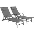 Set of 2 Folding Garden Deckchairs with 4-Level Adjustable Backrest and Cushion, Gray