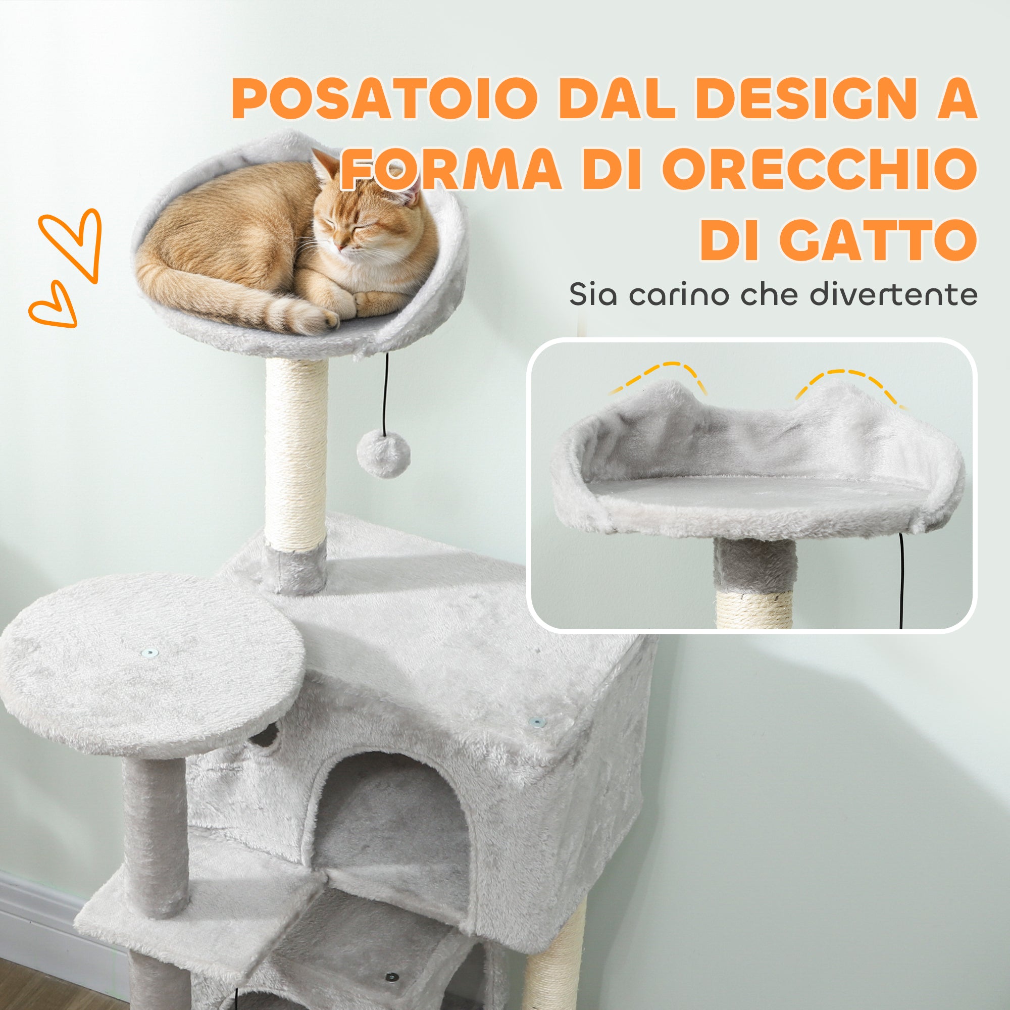 Cat Tree, 140 cm Tall, with 2 Cat Houses, Hammock, Bed and Sisal Posts, Grey