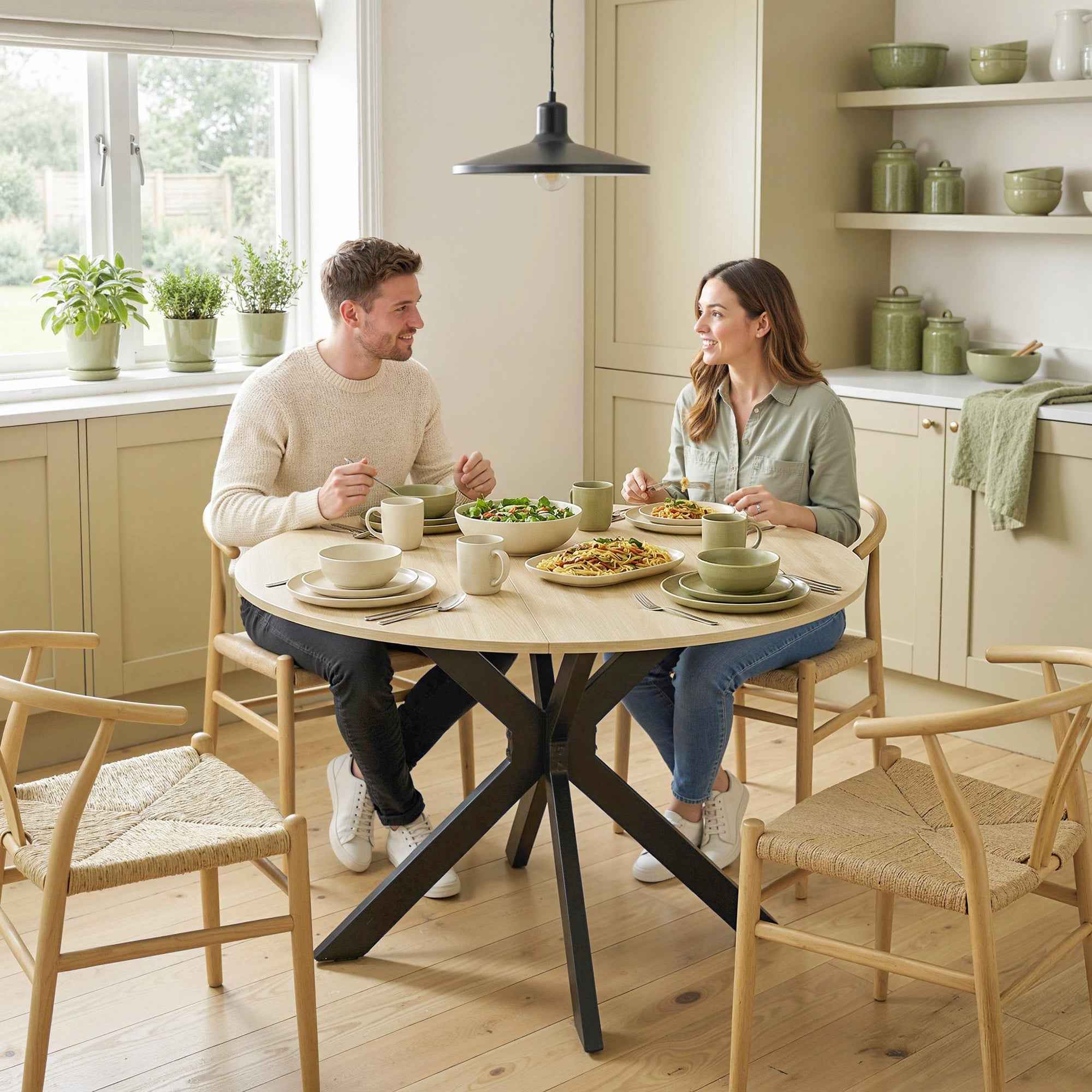 HOMCOM Round Folding Drop-Leaf Table for 2-6 People, in Wood and Steel, 110x110x76 cm, Wood Color