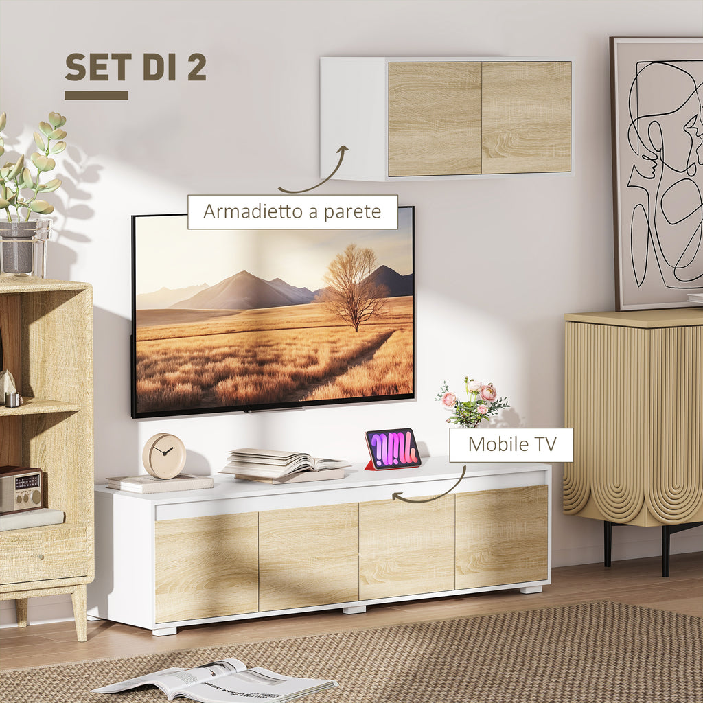 2-Piece Chipboard TV Stand, Max 70" 160x39x43 cm and Multipurpose Wall Unit 80x35x40 cm