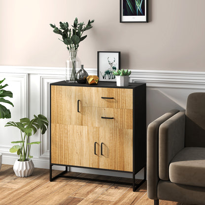 Modern Sideboard with 3 Cabinets and 2 Drawers, in Chipboard and Steel, 80x35x88 cm, Black and Wood Color