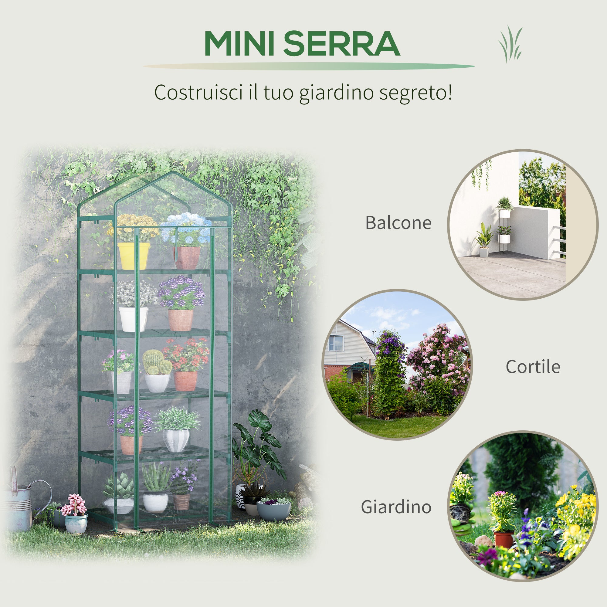 Outsunny 5-Tier Steel Mini Greenhouse for Garden and Terrace Plants with PVC Cover, 69x49x193 cm, Green