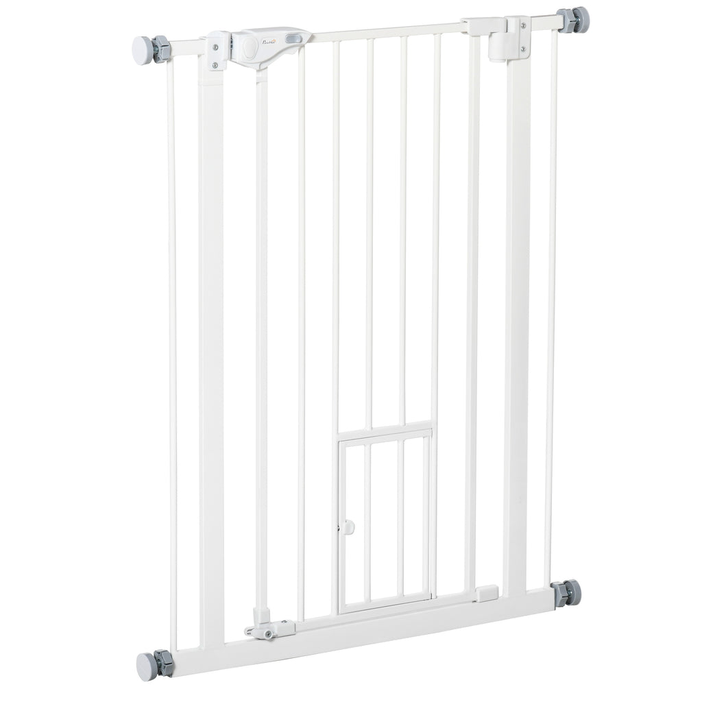 Dog Gate with Small Door, Pressure Fit and Self-Closing, 74-80x91.4cm, White