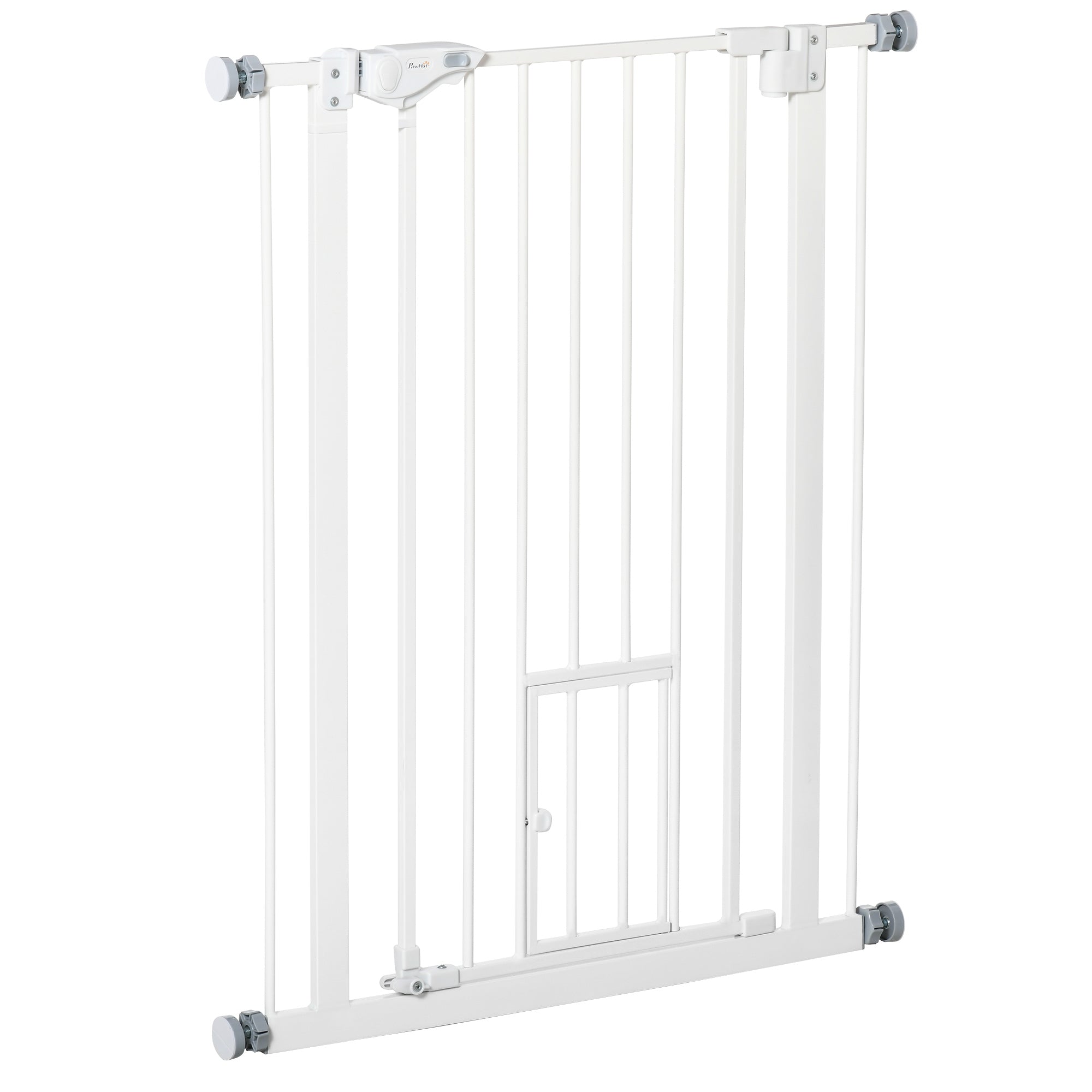 Dog Gate with Small Door, Pressure Fit and Self-Closing, 74-80x91.4cm, White