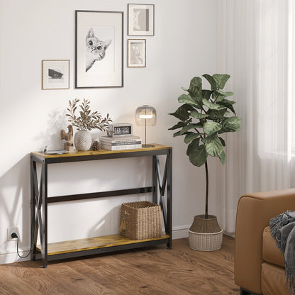 Industrial Style Hallway Console Table with Power Sockets and USB, Wood and Steel, 100x24x75cm, Brown