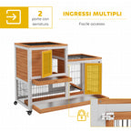 PawHut Wooden Rabbit Hutch with Wheels, Removable Trays and House with Ramp, 110x50x88 cm, Yellow and White