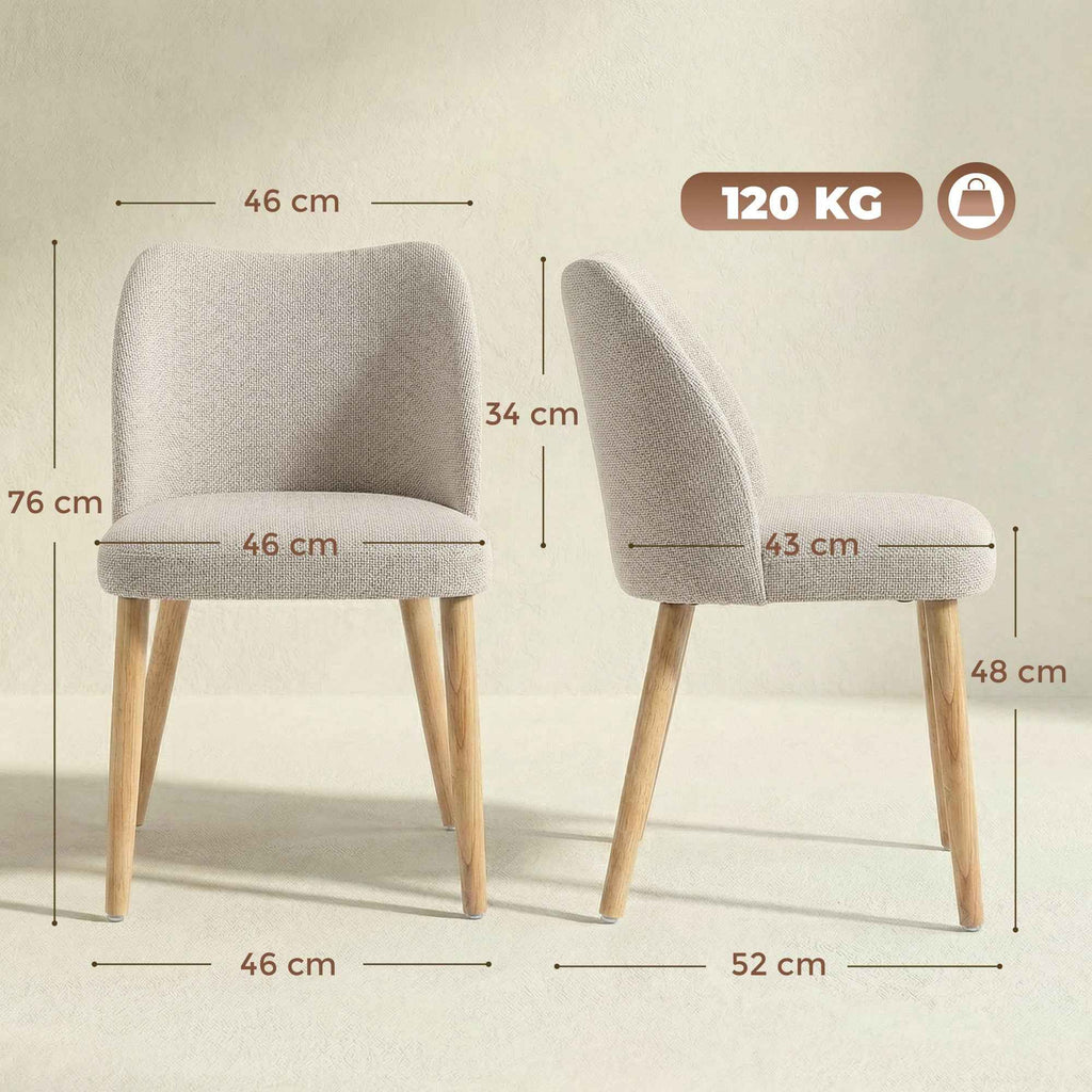 HOMCOM Set of 2 Dining Chairs in Linen-Effect Fabric and Rubber Wood, Padded Seat, Curved Backrest, Cream