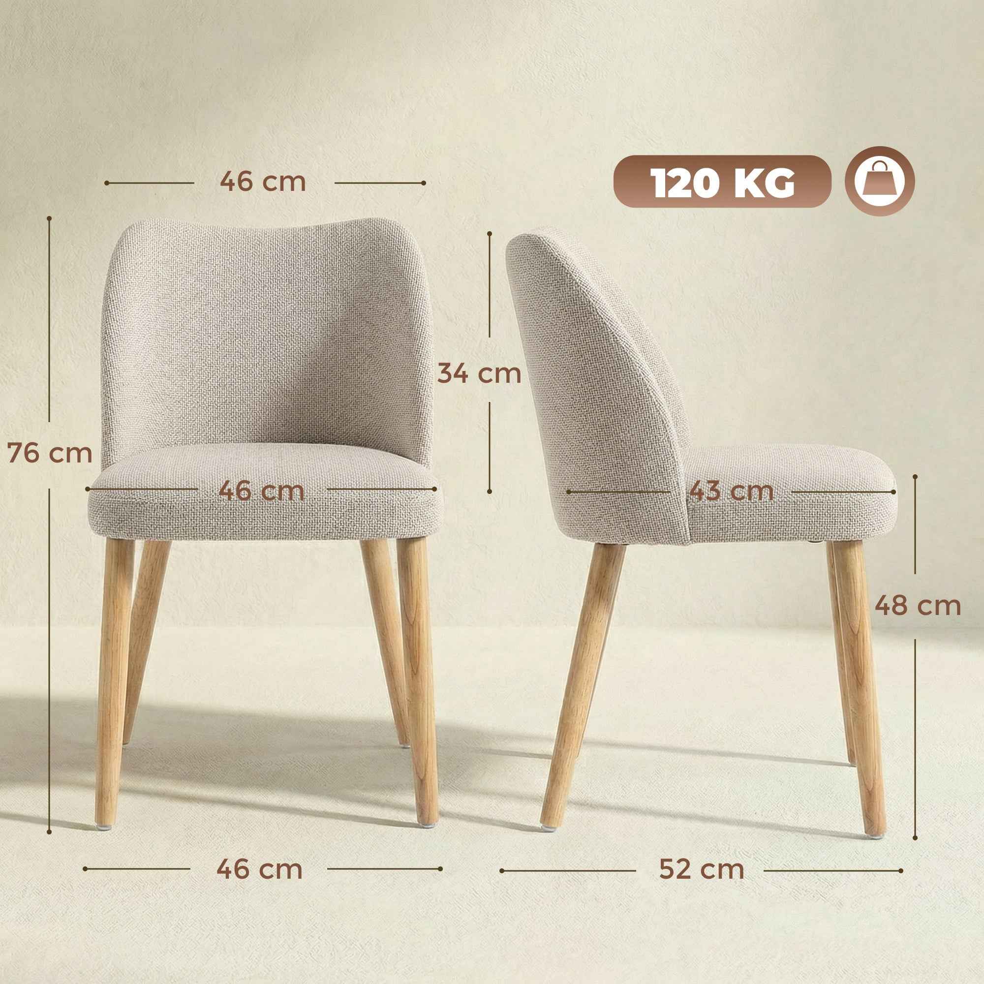 HOMCOM Set of 2 Dining Chairs in Linen-Effect Fabric and Rubber Wood, Padded Seat, Curved Backrest, Cream