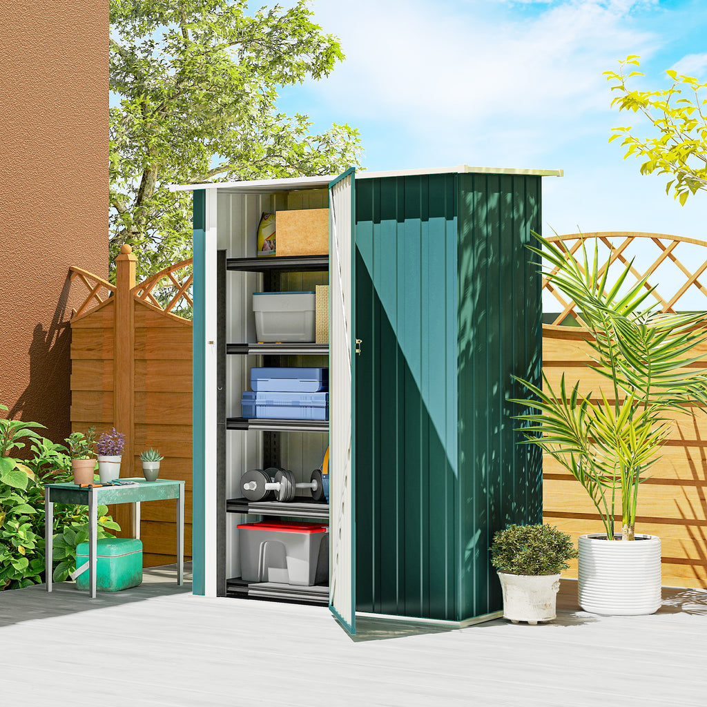 Outsunny Metal Tool Shed with Sloped Roof and Lockable Door, 142x86x189 cm, Green