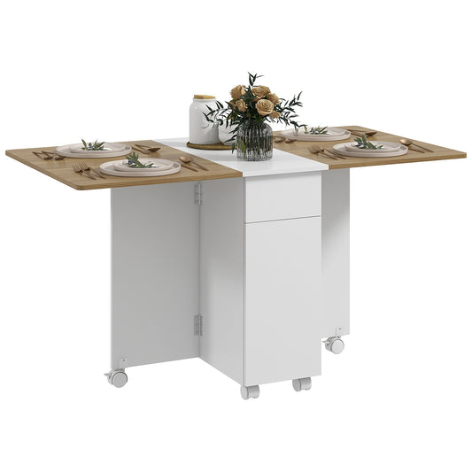 Extendable Rectangular Table with 2 Drawers and a Wooden Cabinet, 140x76x74 cm, White and Wood Color